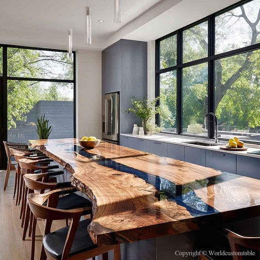 Black walnut square epoxy dining table with navy blue resin river design in modern dining room