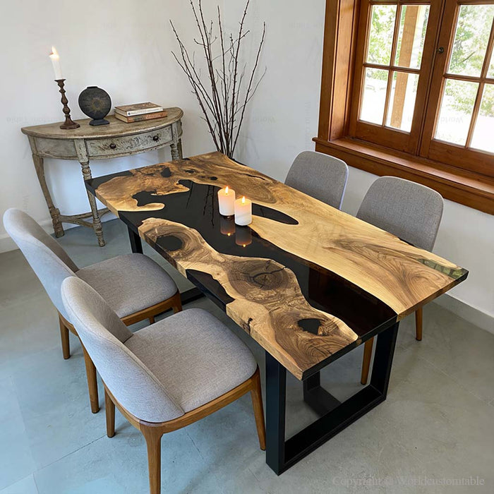 Square black walnut epoxy dinning table top view
