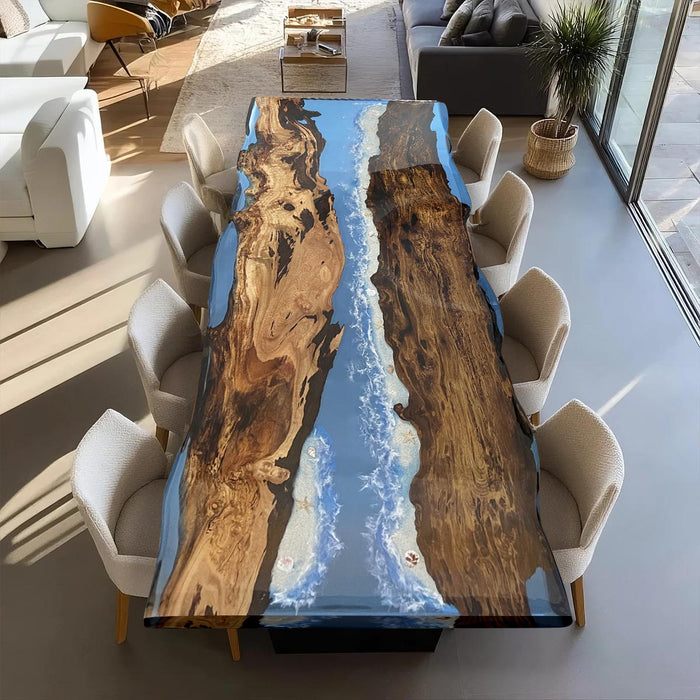 Black Walnut Epoxy Ocean River Table with Live Edge Design