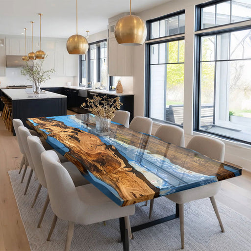 Dining room with a unique wooden table and modern decor