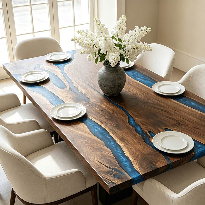 Handcrafted black walnut dining table with a blue-grey epoxy river and natural live edge design.