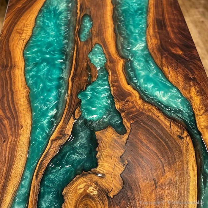 Custom black walnut dining table with emerald epoxy river and live edge design.
