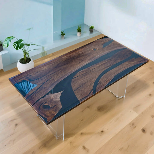 80 inch black walnut epoxy resin table for 6-8 people, handcrafted design