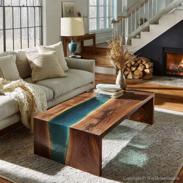 Black walnut epoxy waterfall table in a stylish living room setting