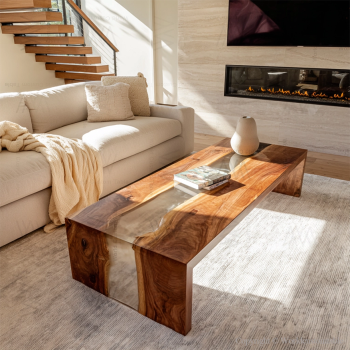 Black walnut epoxy waterfall table placed in a modern living room