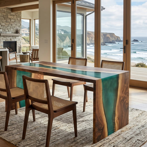 Black walnut epoxy waterfall table with teal resin in a study room or living room