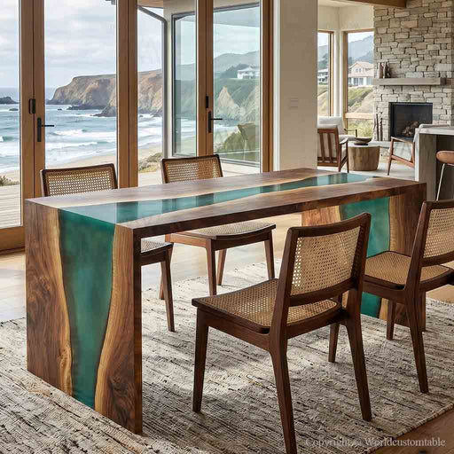 Black walnut epoxy waterfall table with teal resin in a study room