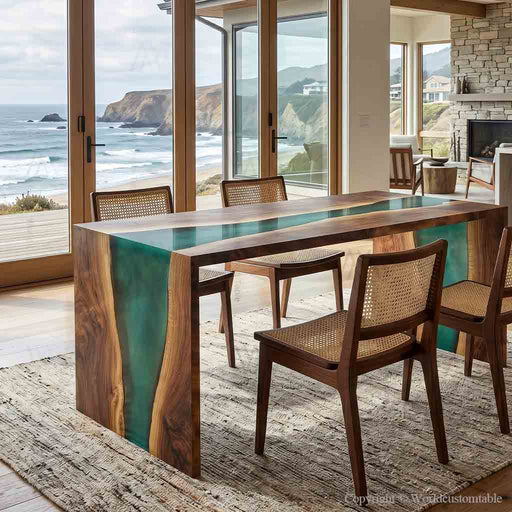 Black walnut epoxy waterfall table with teal resin in a study rooms