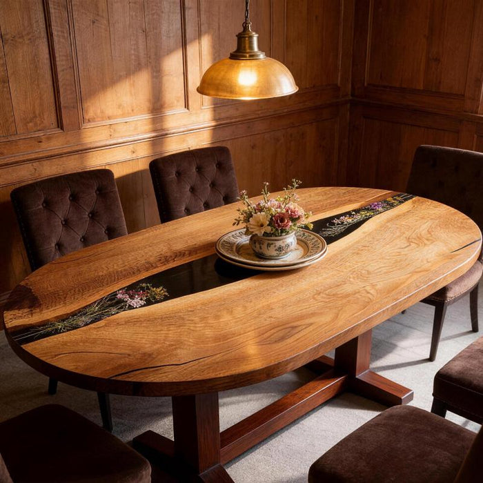 Black walnut flower epoxy dining table with an oval top