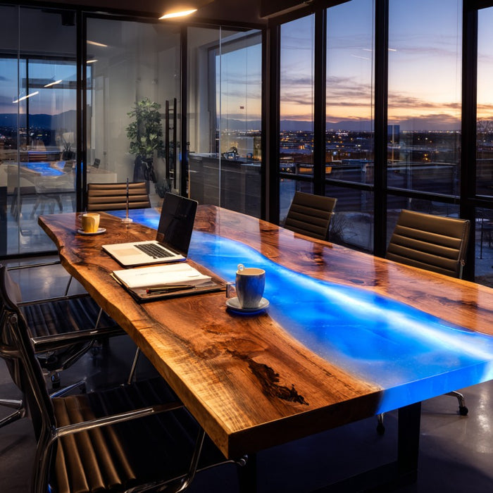 Modern conference room with a long wooden table featuring a blue glowing edge, surrounded by chairs with a cityscape view.