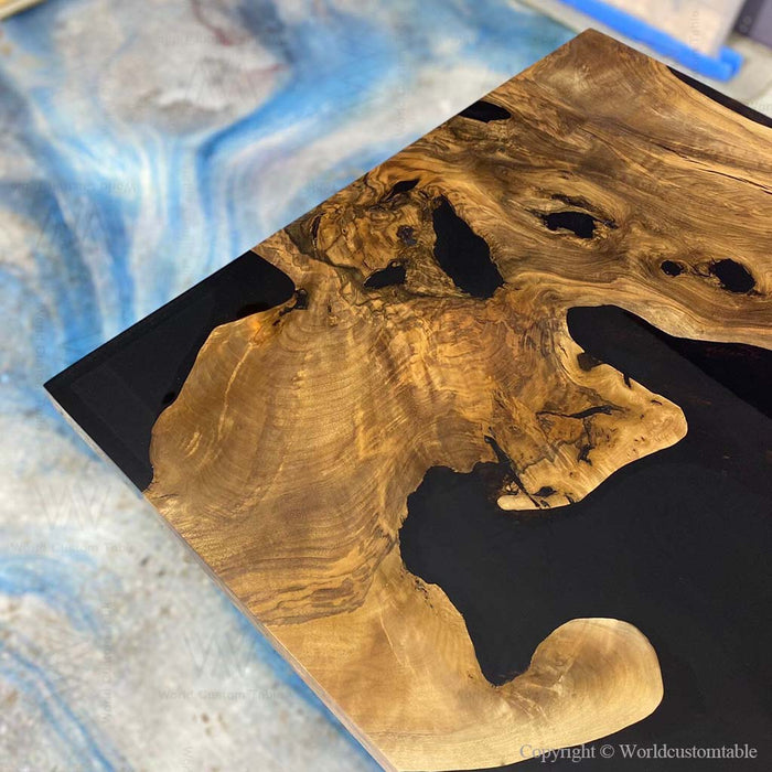 Black walnut wood grain with black epoxy dining table