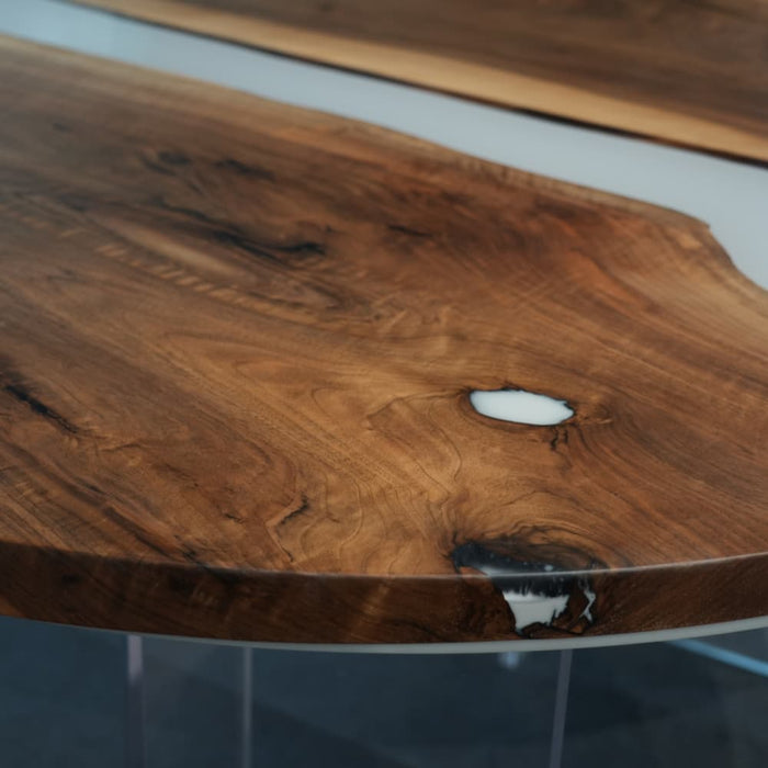 Black walnut gray epoxy dining table with handcrafted resin details