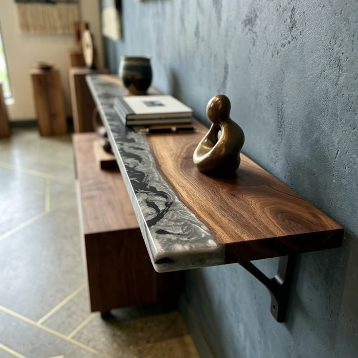 Black walnut floating shelf with sophisticated gray epoxy resin