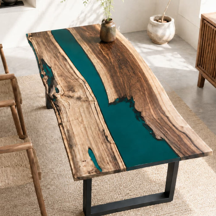 Black walnut green epoxy dining table with a natural live edge