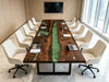 Large black walnut conference table with emerald green epoxy river design, office boardroom setting