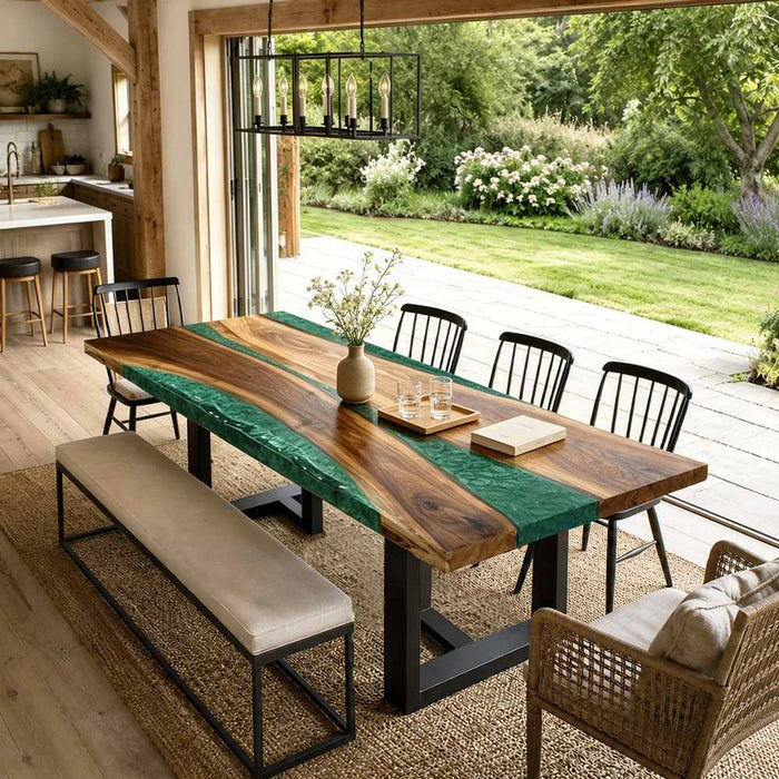 Black walnut dining room table with bold green epoxy resin