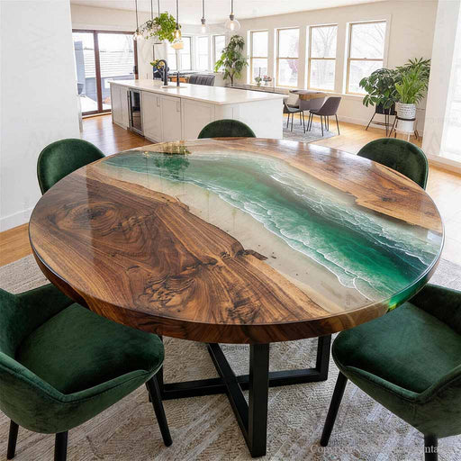 Round black walnut epoxy dining table with green ocean wave resin design in modern interior