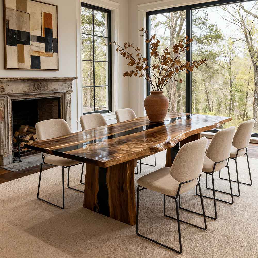Dining room with a wooden table and chairs near a fireplace and large windows.