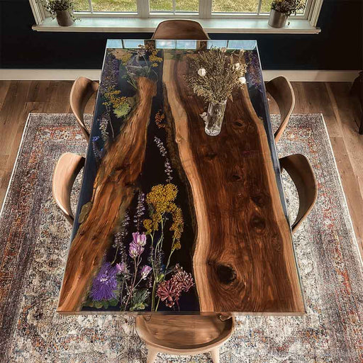 Dining table with natural wood design and embedded flowers, surrounded by chairs on a patterned rug.