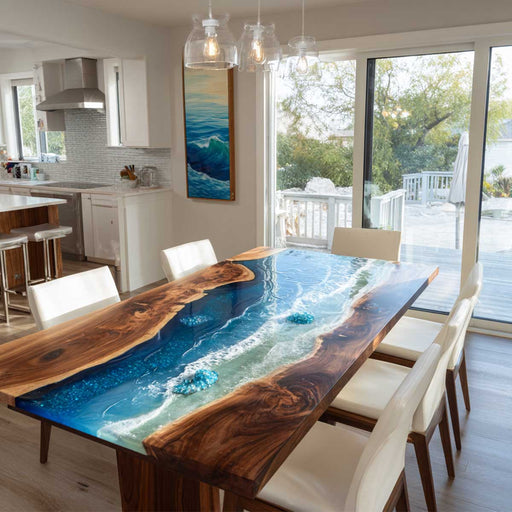 Dining room with a unique table featuring a wood and blue resin design.
