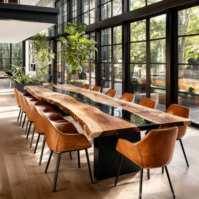 Black walnut live edge epoxy meeting table designed for executive boardroom use