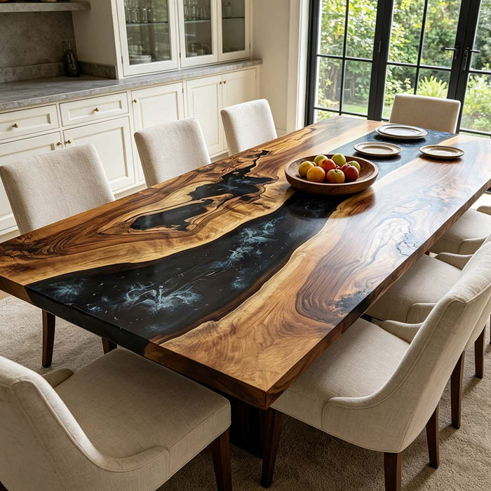 Midnight black epoxy resin river dining table with live edge black walnut, moody modern kitchen furniture
