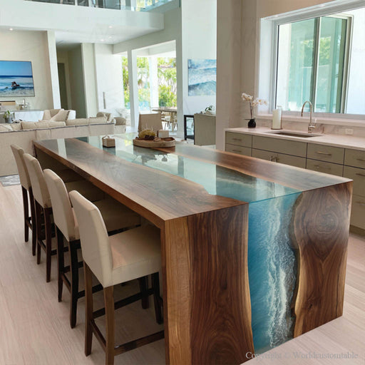 Black walnut ocean wave epoxy waterfall table in a dining room setting