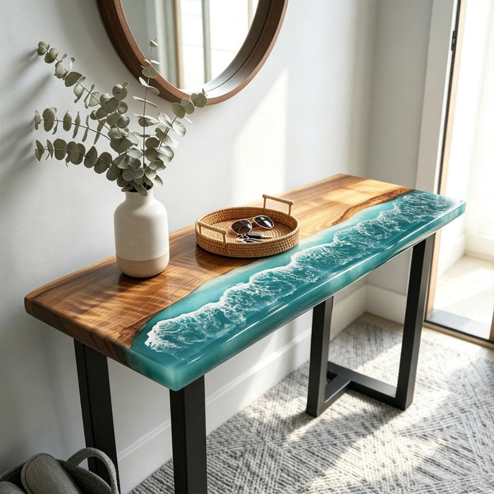 black walnut console table with blue and white ocean wave resin
