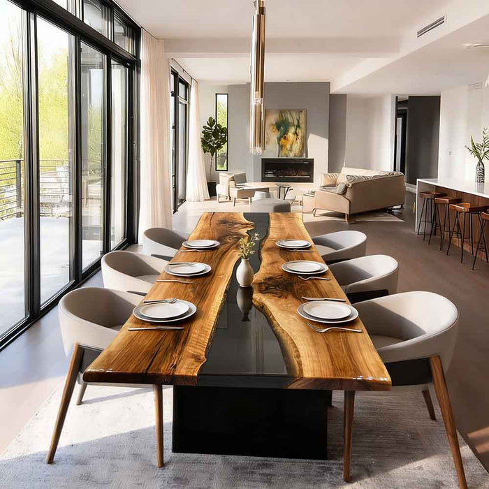 Modern dining room with a long wooden table and chairs.