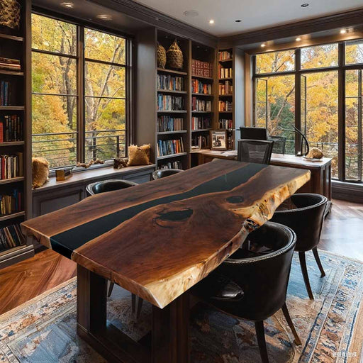 Modern home office with a large wooden desk, bookshelves, and large windows showing autumn foliage.
