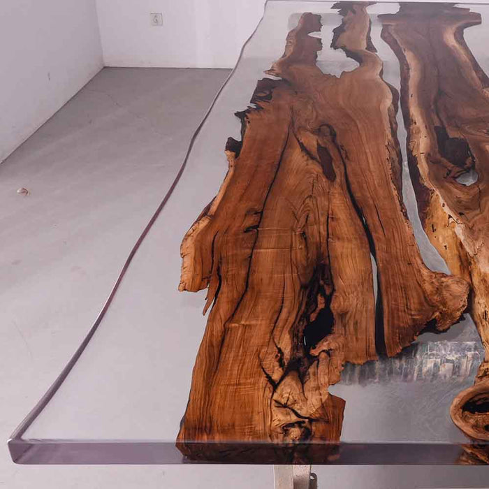 Ready-to-ship 60×180 black walnut transparent epoxy resin table for 16-20 attendees.