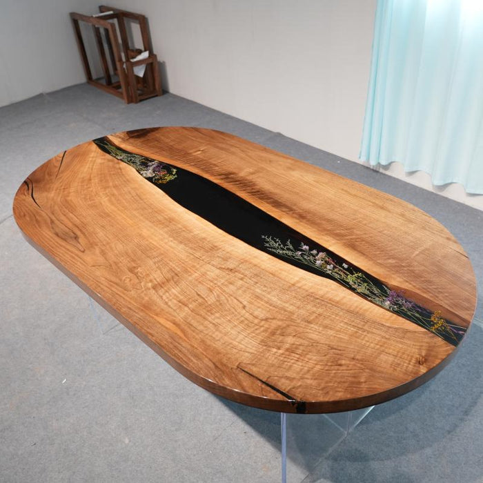 Black walnut resin dining table with artistic flower details