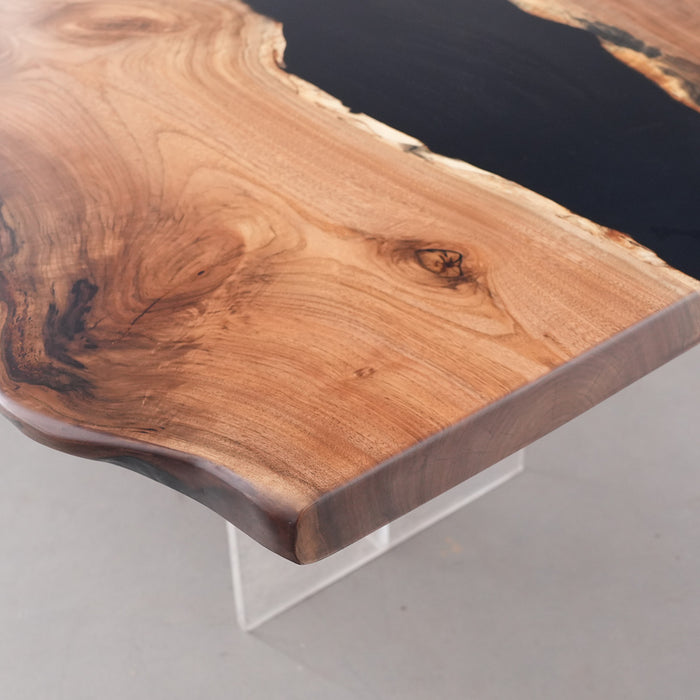 Wooden table with a natural grain pattern on a gray background