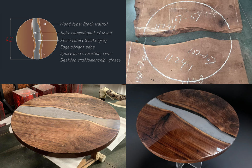 Wooden table with resin inlay, showing close-up details and measurements.