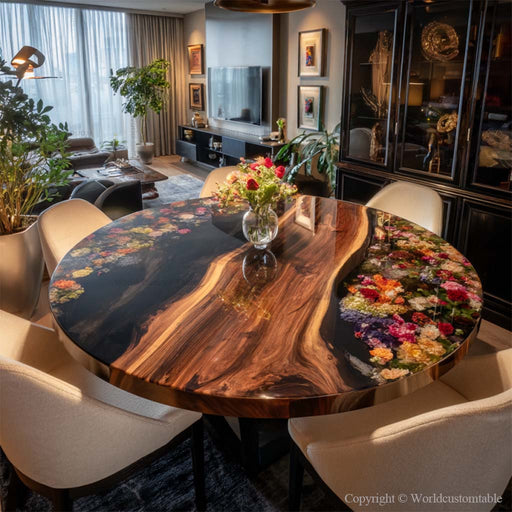 Round black walnut epoxy dining table with floral resin art in modern dining room setting