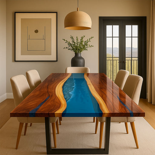 Dining room with a unique wooden table featuring a blue resin inlay.