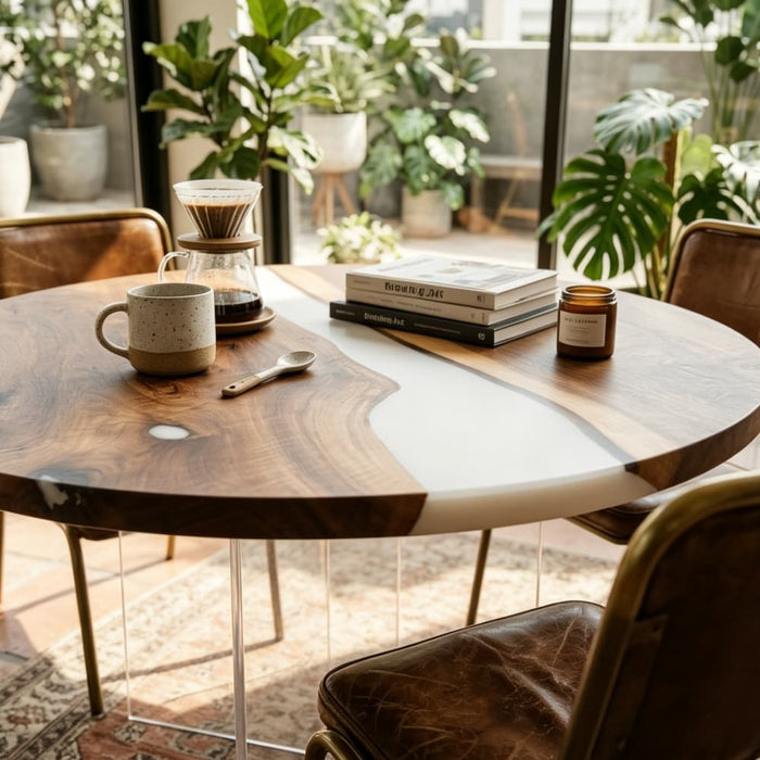 Black walnut smoky gray resin dining table for a modern dining room