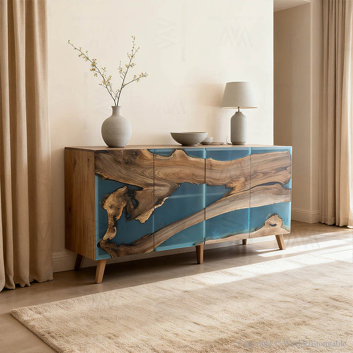 Black walnut transparent blue epoxy cabinet front view showing flowing blue resin and shelves