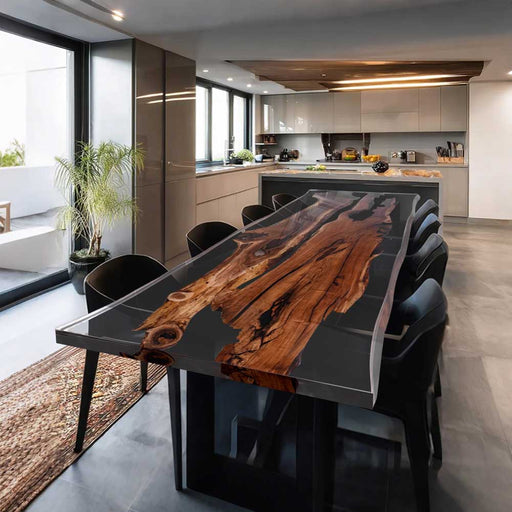 Front view of a 60×180 black walnut transparent epoxy resin conference table, ready to seat 16-20 people.