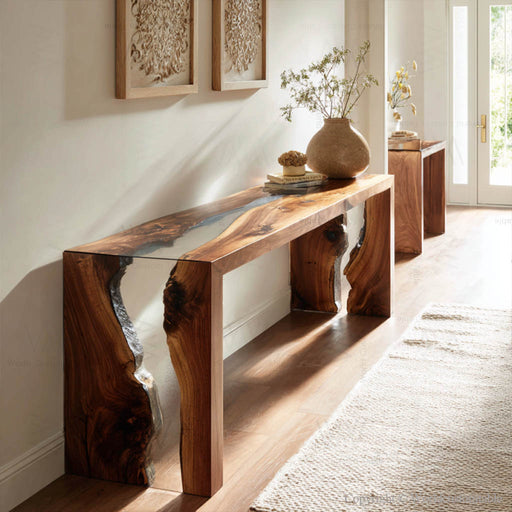 Front view of black walnut waterfall epoxy console table with clear resin top