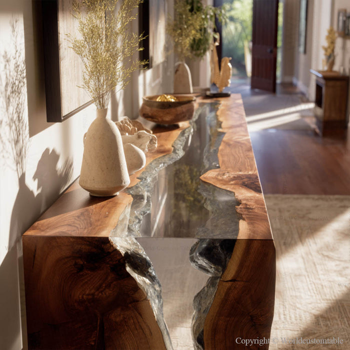 Modern style black walnut waterfall epoxy console table highlighting craftsmanship