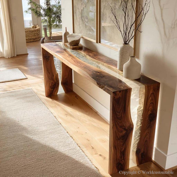 Side angle showing flowing waterfall resin edges on black walnut console table
