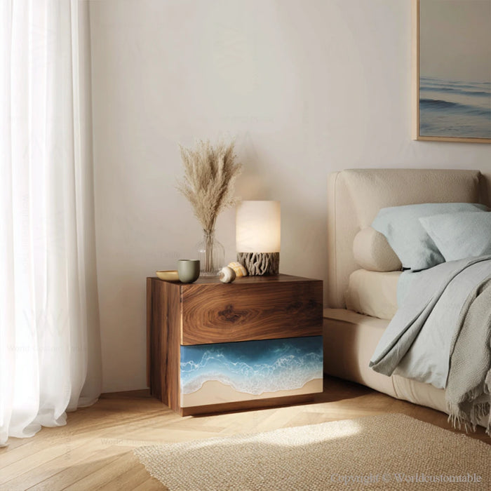 Black walnut wave epoxy nightstand front view showing flowing resin design