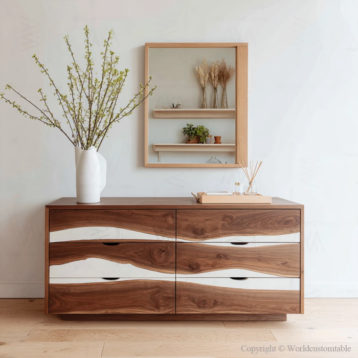 Black walnut white epoxy 6-drawer dresser front view showing smooth resin inlay