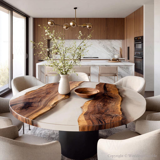 Round black walnut epoxy dinning table with white resin luxury modern design