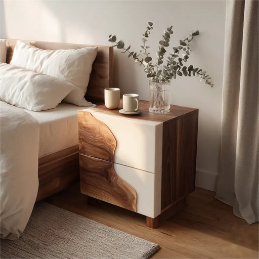 Wooden nightstand with a vase of eucalyptus and two cups next to a bed.
