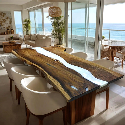 Dining area with a wooden table and chairs in a modern home setting.