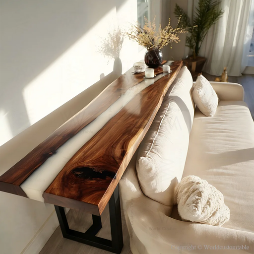 Black walnut white epoxy resin sofa side table front view showing smooth resin river