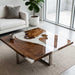Overhead view of a square black walnut coffee table with a pearl white epoxy resin river.