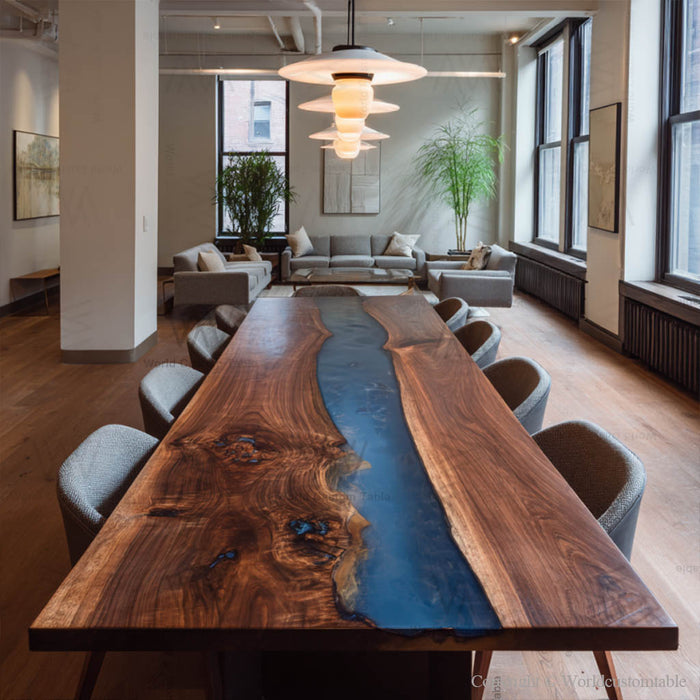 Detailed view of black walnut texture with navy blue resin inlay